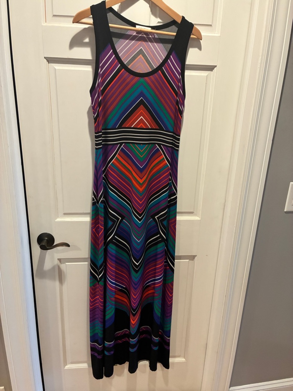 Calvin Klein 12 Multicolor Chevron Maxi Dress with Black Trim